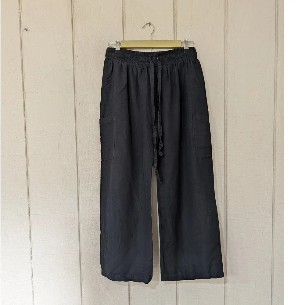 Morijana Jackie Black Linen Blend Wide Leg Cargo Pants Lagenlook Coastal S - Picture 1 of 11